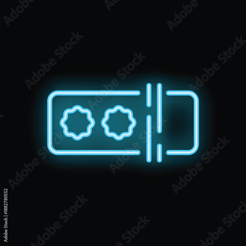 Bright glowing blue neon icon of a password protected interface requiring two factor authentication on a black background