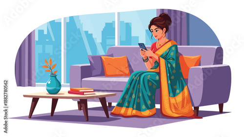 Vector illustration of an Indian woman in a saree using a smartphone for online shopping, highlighting digital lifestyle, technology adoption, and traditional fashion in modern daily life
