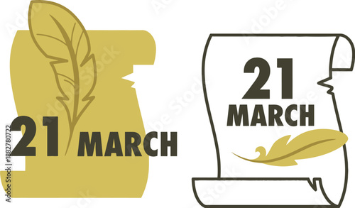 World Poetry Day March 21 Scroll and Quill Feather Icons, Gold and Black Literary Graphics