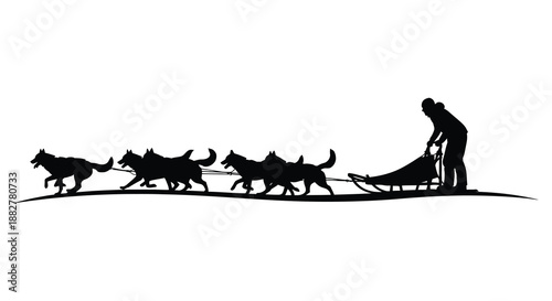 a striking depiction of a musher guiding a team of sled dogs across a snowy landscape showcasing a dynamic and powerful silhouette