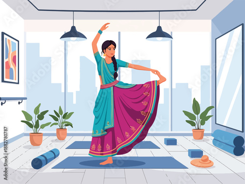 Vector illustration of an Indian woman in traditional attire practicing yoga in a modern indoor space, symbolizing wellness, balance, and cultural identity in a contemporary lifestyle