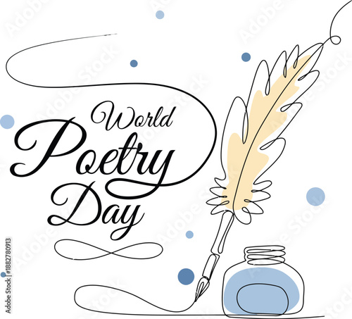 World Poetry Day Delicate Line Art with Feather Quill Pen, Inkwell and Artistic Dots