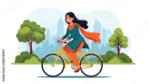 Vector illustration of an Indian woman in salwar kameez riding a bicycle in a city park, representing healthy urban lifestyle and traditional fashion in modern outdoor activities