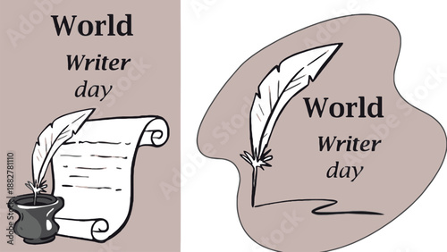 World Writer Day Graphic Design Elements with Quill Pen, Inkwell and Parchment Scroll for Literature Events