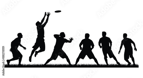 a dynamic illustration depicting a group of men playing frisbee showing action and movement in a vibrant energetic outdoor scene silhouette