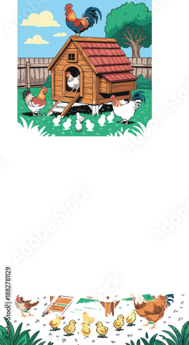 Colorful farm chicken coop illustration with rooster, hens and chicks, detailed vector artwork for agriculture, rural life, poultry farming, and countryside concept