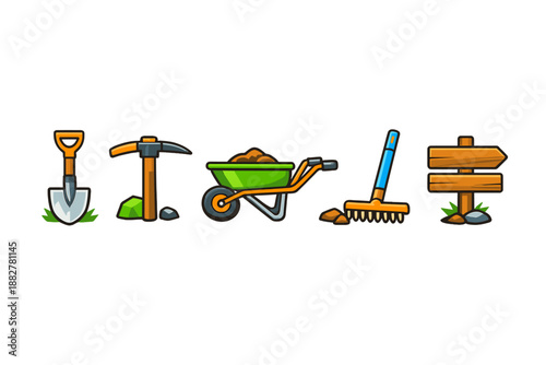 Set of cartoon gardening tools and equipment