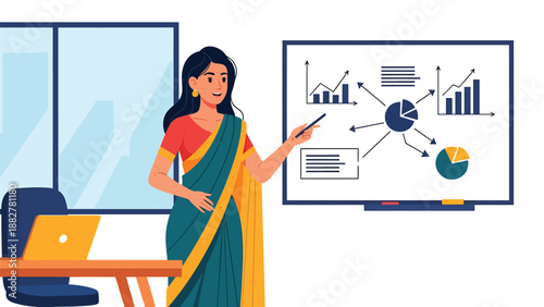 Vector illustration of an Indian woman wearing a saree giving a business presentation, symbolizing leadership, professionalism, and cultural diversity in a modern corporate environment