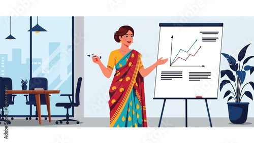 Vector illustration of an Indian woman wearing a saree giving a business presentation, symbolizing leadership, professionalism, and cultural diversity in a modern corporate environment