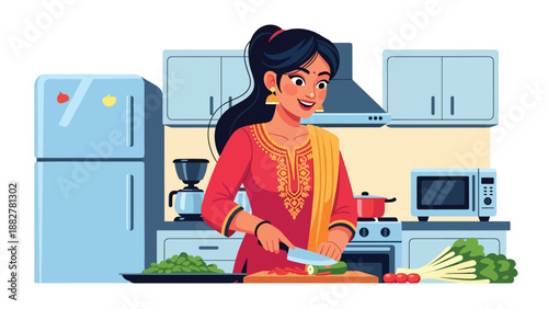Vector illustration of an Indian woman in traditional clothing cooking in a modern kitchen, showing everyday home life and cultural heritage in a contemporary domestic setting