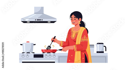 Vector illustration of an Indian woman in traditional clothing cooking in a modern kitchen, showing everyday home life and cultural heritage in a contemporary domestic setting