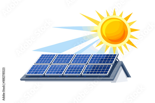 Solar panels on a rooftop with sun and rays
