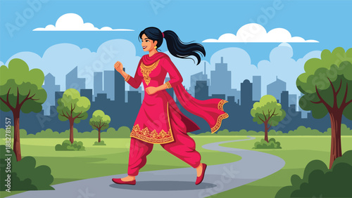 Vector illustration of an Indian woman in salwar kameez jogging in an urban park, promoting fitness, active lifestyle, and traditional fashion in a modern city environment