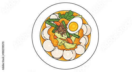 Gado-Gado Indonesian Salad with Peanut Sauce, Mixed Vegetables, and Boiled Egg Illustration