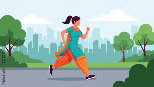 Vector illustration of an Indian woman in salwar kameez jogging in an urban park, promoting fitness, active lifestyle, and traditional fashion in a modern city environment