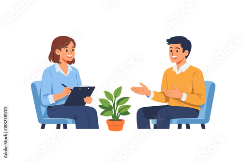 Therapist and patient during a session with a plant in the middle