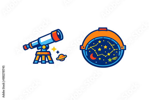 Astronomy icons of a telescope and a star map
