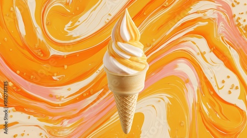 Swirled soft serve ice cream cone with vibrant orange and pink abstract background, showcasing delicious dessert in a playful and colorful setting for summer enjoyment