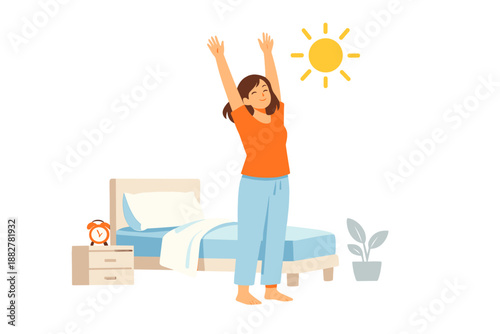 Woman waking up and stretching in the morning sun