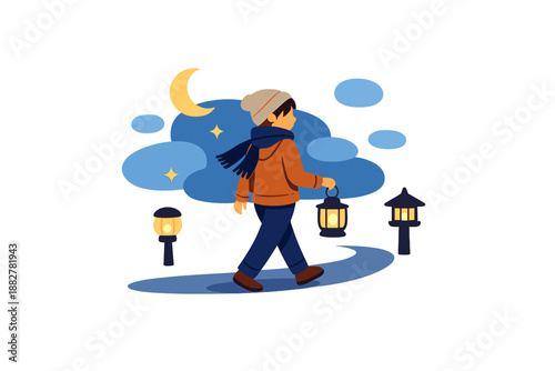 Child walking at night with a lantern under the moon
