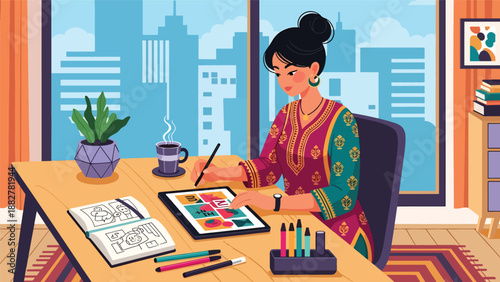 Vector illustration of an Indian woman in a kurti working as a freelance designer, showing creativity, remote work, and traditional fashion in a modern professional lifestyle