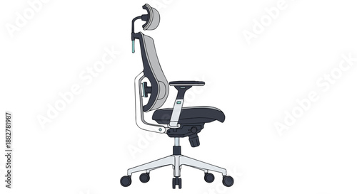 Ergonomic office chair with adjustable headrest and mesh back on white background