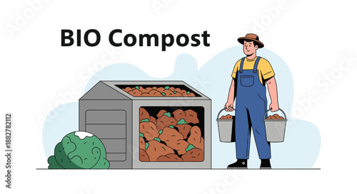 Male farmer in blue overalls standing next to a large metal bio compost bin and holding two buckets filled with organic waste.