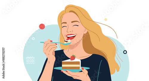 Happy blonde woman with long hair enjoying a delicious piece of cream cake with a strawberry on top while smiling with closed eyes.