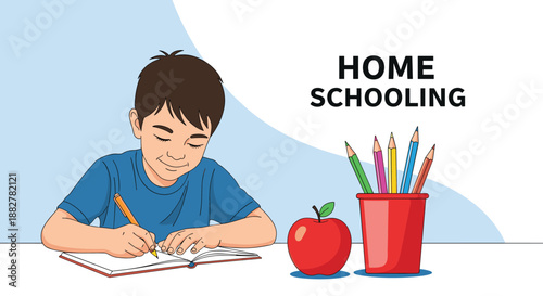 Young boy sitting at a desk and writing in his notebook with colorful pencils and a red apple nearby during a homeschooling session.