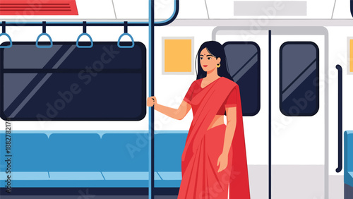 Vector illustration of an Indian woman wearing a saree commuting on metro train public transport, representing daily urban life, mobility, and traditional fashion in modern cities