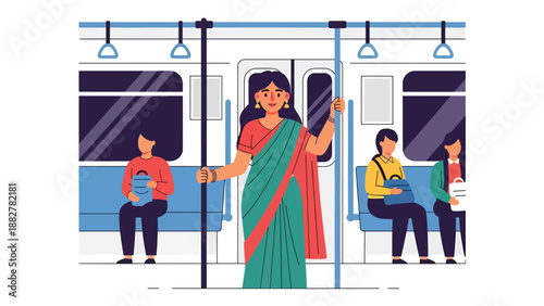 Vector illustration of an Indian woman wearing a saree commuting on metro train public transport, representing daily urban life, mobility, and traditional fashion in modern cities