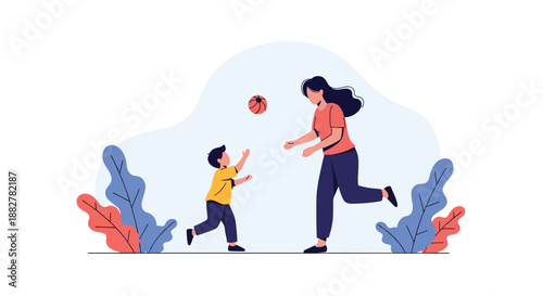 Happy young mother and her small son running and playing a game of catch with a ball in a park with colorful autumn leaves.