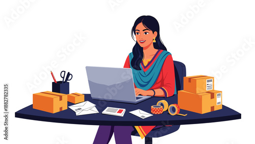 Vector illustration of an Indian woman in traditional attire managing an online business from home, showing entrepreneurship, technology, and modern work lifestyle