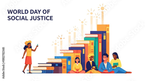 Vector illustration of people sitting and standing near stacked books on World Day of Social Justice with a clean white background.