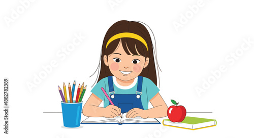 Young smiling girl wearing a headband sitting at a desk and focused on writing or drawing in her notebook with colored pencils nearby.