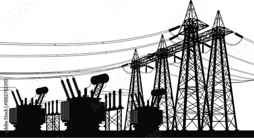 a stark black and white image depicts power lines towers and electrical equipment creating a dramatic and industrial silhouette high quality