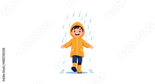 Joyful little boy in a yellow raincoat and boots walking happily under the falling rain while splashing in the water on the ground.