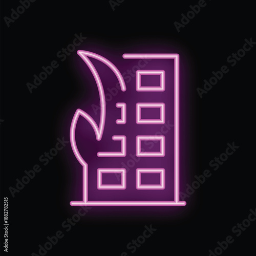 Neon sign in the shape of a building being consumed by flames, perhaps indicating a fire