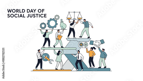 Illustration of diverse people working together to build justice and equality on World Day of Social Justice with vector graphics and symbolic objects.