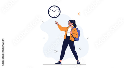 Young female student with a backpack pointing at a large wall clock while thinking about time management and being on schedule.