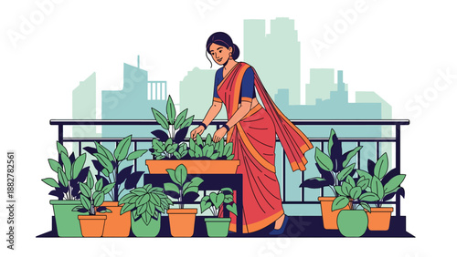 Vector illustration of an Indian woman in traditional dress gardening on a balcony, representing urban home lifestyle, sustainability, and cultural harmony with nature