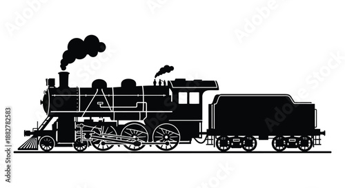 a detailed black and white illustration depicting a classic steam locomotive showcasing intricate mechanical details and a vintage railway silhouette