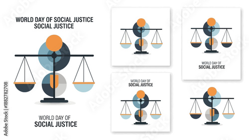 A set of four vector illustrations for the World Day of Social Justice featuring scales of justice and pie charts in a modern flat design style on a white background.