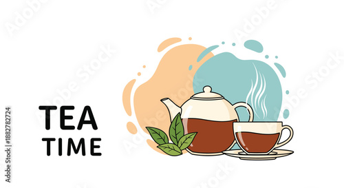 Hot teapot and a cup of freshly brewed black tea with rising steam and green leaves on a soft artistic background.
