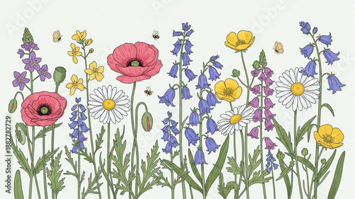 Vibrant Wildflower Meadow with Poppies and Daisies.