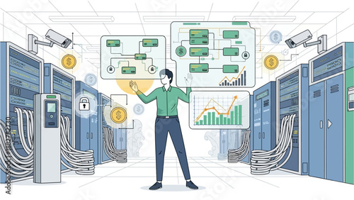 IT professional overseeing complex data infrastructure, analyzing financial trends and ensuring network security in a server room.