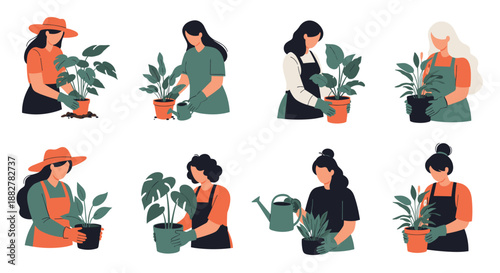 Collection of various women in different outfits and poses focused on planting, watering, and caring for their houseplants.