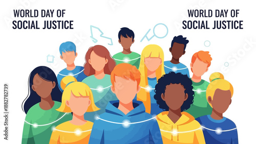 Illustration of diverse people celebrating World Day of Social Justice with a vector graphic in a colorful and inclusive style.