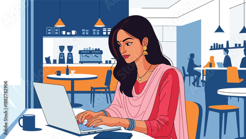 Vector illustration of an Indian woman in traditional attire working in a co-working coffee shop space, symbolizing professional modern lifestyle and cultural diversity at work