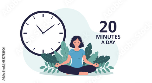 Health conscious woman practices yoga and meditation in a peaceful setting with a large clock suggesting a routine of twenty minutes a day.